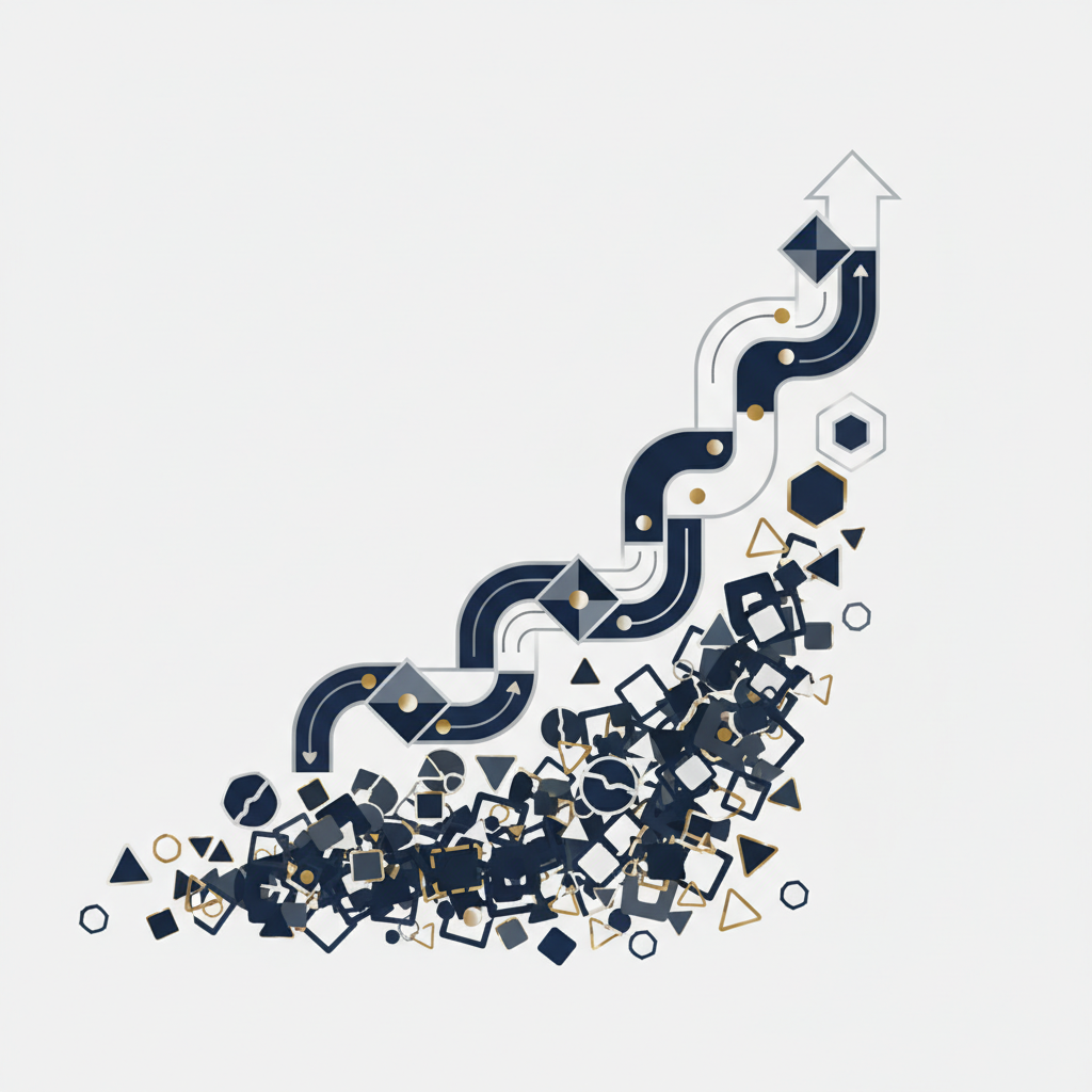 An infographic showing a fragmented business process at the bottom transforming into a streamlined, ascending workflow, symbolizing growth and efficiency.