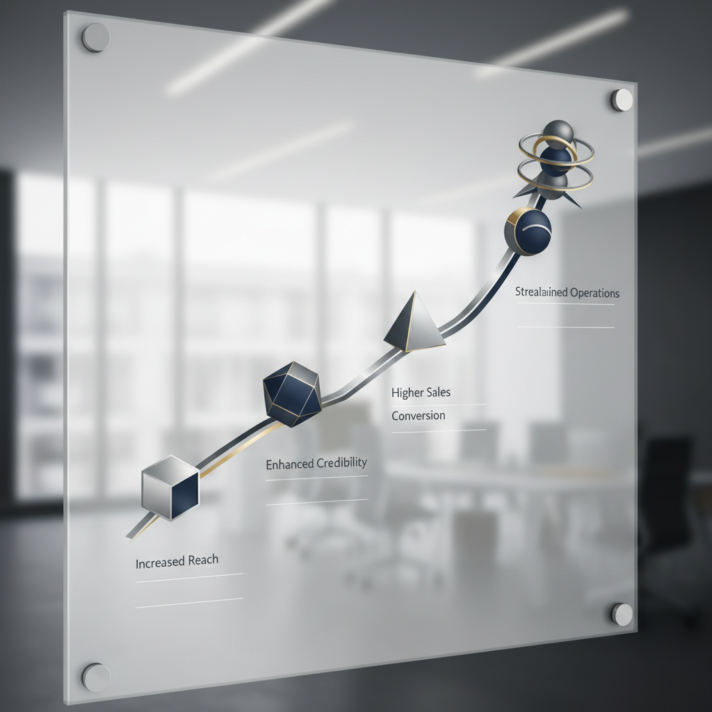 An infographic showing a minimalist, ascending growth chart with abstract milestones illustrating how a professional ecommerce website drives business growth and efficiency.
