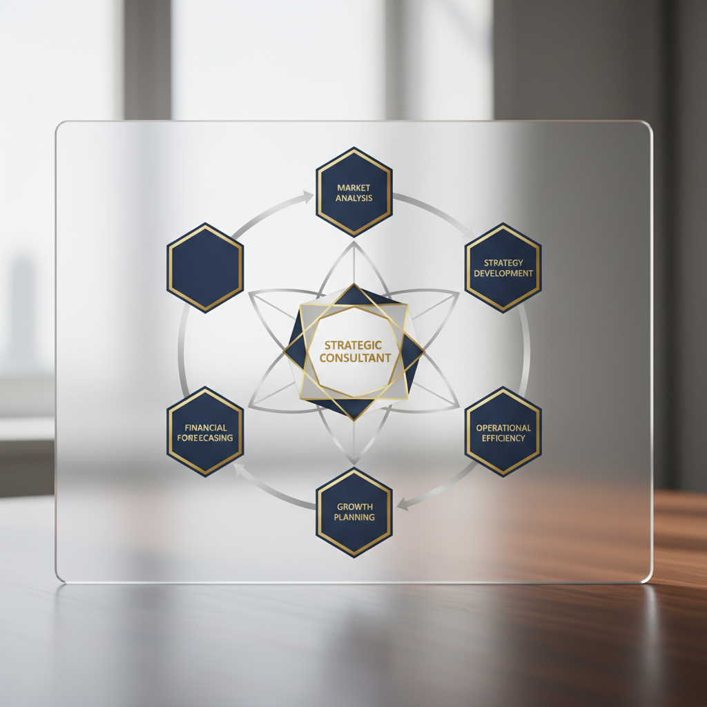An infographic showing a strategic consultant at the center of a connected framework, with modules for market analysis, strategy development, operational efficiency, growth planning, and implementation support.