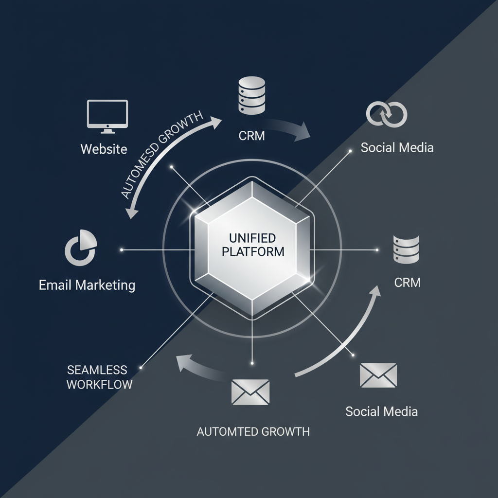 An infographic showing interconnected digital platforms like website, CRM, and social media, linked by seamless flow lines to represent a unified, integrated online business system.