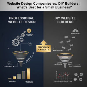 An infographic-style header image contrasting professional website design companies with DIY website builders for small businesses. The image features a clean, modern design with geometric shapes, subtle gradients, and metallic accents in deep navy, charcoal, and silver. It uses visual elements like split workflow diagrams, comparative growth charts, and side-by-side process hierarchies with directional arrows to illustrate the differences in efficiency, professionalism, and outcomes for a business's online presence and growth.
