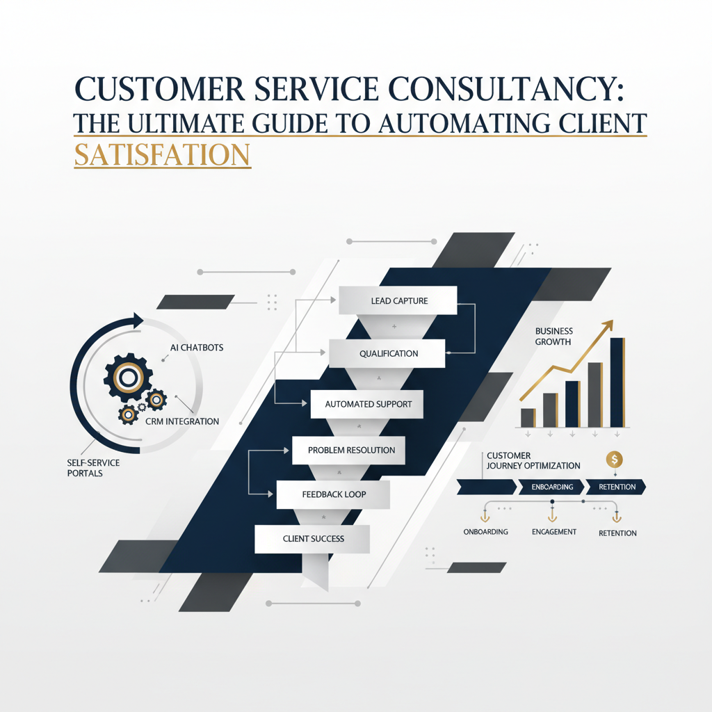 An infographic-style header image depicting automated customer service processes and business growth. It features clean geometric shapes, workflow diagrams, ascending growth charts, and directional arrows in a deep navy, charcoal, and white color palette with metallic silver or gold accents, emphasizing streamlined operations and client satisfaction through automation. No human figures are present.