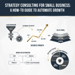 An infographic-style header image for an article on strategy consulting for small businesses. It features a modern, conceptual design with geometric shapes, subtle gradients, and metallic accents in deep navy, charcoal, white, and silver/gold. The image visually represents business growth, automation, and online entrepreneurship through elements like workflow diagrams, sales funnels, and growth charts. No people are present.