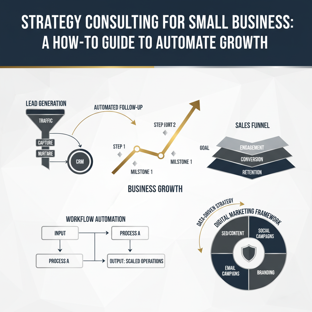 An infographic-style header image for an article on strategy consulting for small businesses. It features a modern, conceptual design with geometric shapes, subtle gradients, and metallic accents in deep navy, charcoal, white, and silver/gold. The image visually represents business growth, automation, and online entrepreneurship through elements like workflow diagrams, sales funnels, and growth charts. No people are present.