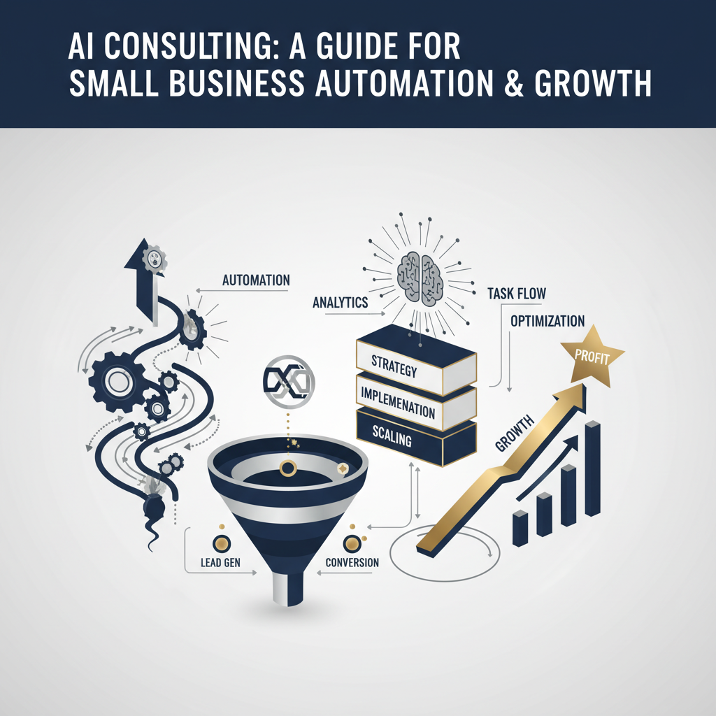 An infographic-style header image for an article titled 'AI Consulting: A Guide for Small Business Automation & Growth'. The image visually represents AI consulting, business automation, and growth for small businesses. It features abstract diagrams, interconnected processes, upward-trending charts, and funnel shapes, all rendered in a modern, vector style with deep navy, charcoal, white, and metallic silver accents. The design conveys professionalism, efficiency, and strategic growth without human figures, emphasizing data-driven solutions and streamlined operations.