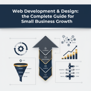 An infographic-style header image for the article 'Web Development & Design: A Complete Guide for Small Business Growth'. It features abstract, non-human elements like interconnected workflow diagrams, ascending growth charts, and layered sales funnels, all in a modern, vector-based, minimalist design. The color palette consists of deep navy, charcoal, and white, accented with metallic silver or gold, conveying professionalism and business growth through strategic web development and automation.
