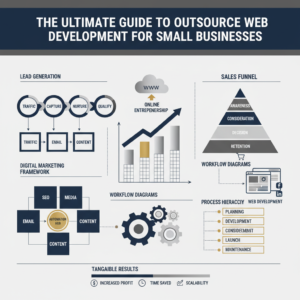 An infographic-style header image for 'The Ultimate Guide to Outsource Web Development for Small Businesses'. The image features a conceptual, modern, and minimalist design with vector elements representing business growth, automation, and digital marketing. It includes abstract workflow diagrams, interconnected pipelines, and ascending charts in a color palette of deep navy, charcoal, white, and metallic silver accents, all conveying professionalism, efficiency, and strategic guidance for online business development. No human figures are present.
