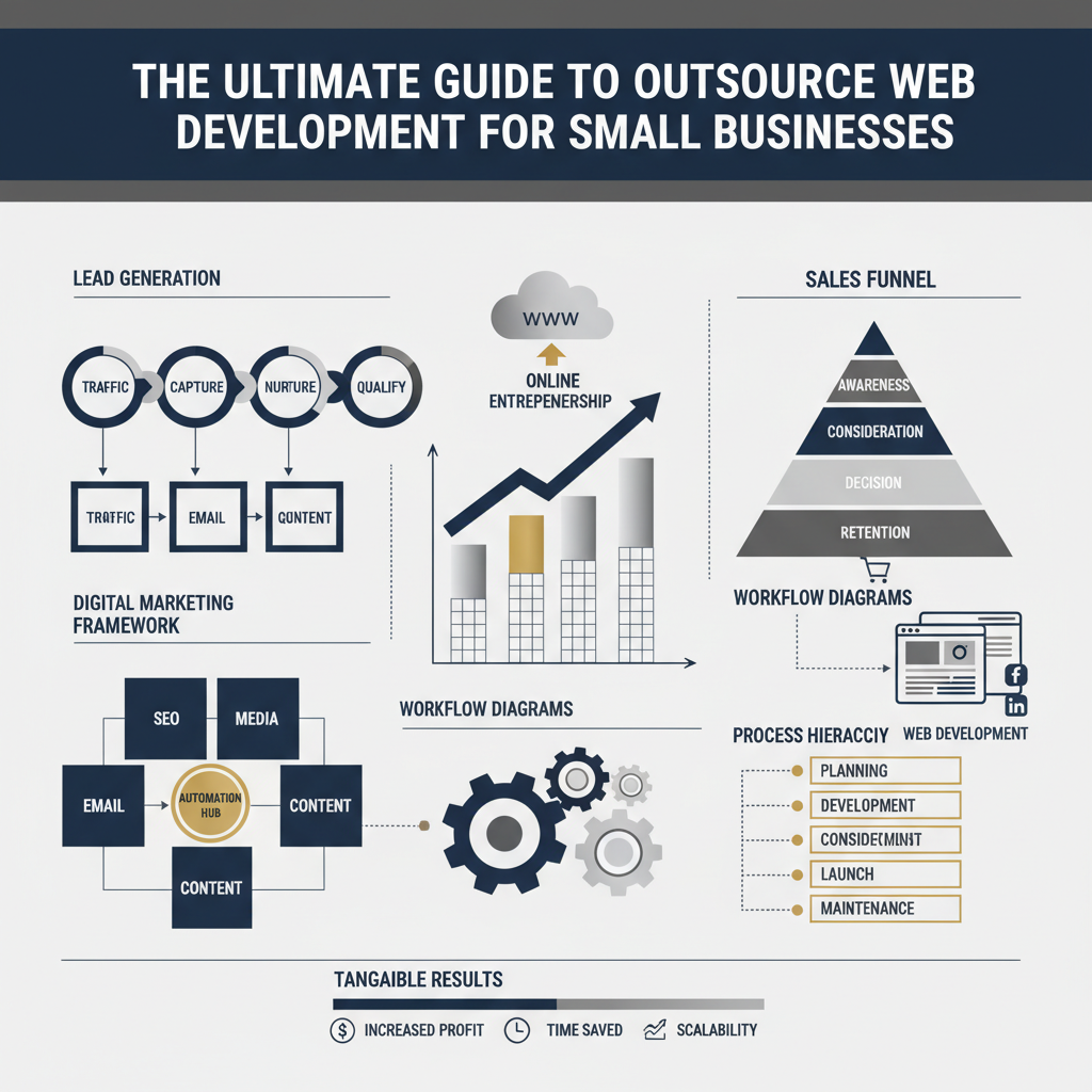 An infographic-style header image for 'The Ultimate Guide to Outsource Web Development for Small Businesses'. The image features a conceptual, modern, and minimalist design with vector elements representing business growth, automation, and digital marketing. It includes abstract workflow diagrams, interconnected pipelines, and ascending charts in a color palette of deep navy, charcoal, white, and metallic silver accents, all conveying professionalism, efficiency, and strategic guidance for online business development. No human figures are present.