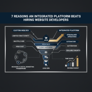 An infographic-style header image illustrating the benefits of an integrated platform over hiring website developers. The image features a clean, modern design with vector elements showing interconnected business processes, growth charts, sales funnels, and digital marketing frameworks, all in deep navy, charcoal, white, and metallic silver/gold, emphasizing automation and efficiency for online business growth. No people or cartoon elements are present.