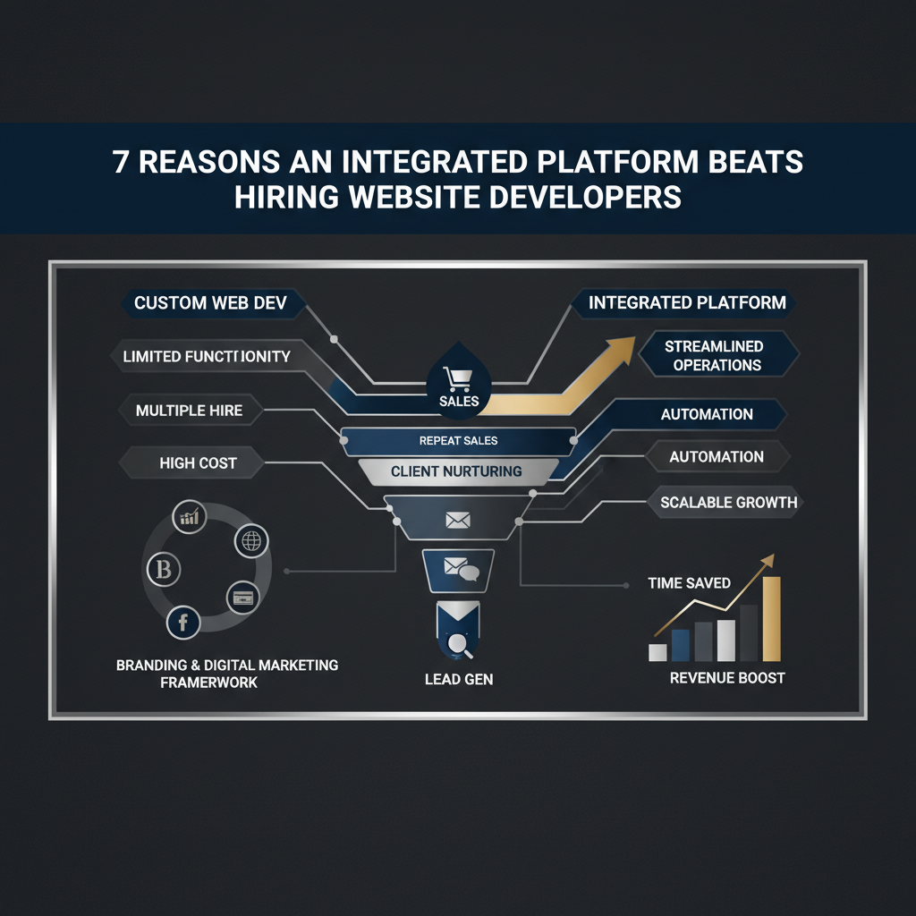 An infographic-style header image illustrating the benefits of an integrated platform over hiring website developers. The image features a clean, modern design with vector elements showing interconnected business processes, growth charts, sales funnels, and digital marketing frameworks, all in deep navy, charcoal, white, and metallic silver/gold, emphasizing automation and efficiency for online business growth. No people or cartoon elements are present.