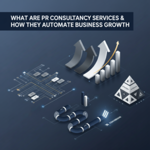 An infographic-style header image illustrating 'What Are PR Consultancy Services & How They Automate Business Growth'. The image features abstract, interconnected diagrams representing automated workflows, ascending business growth charts, lead generation funnels, and digital branding frameworks, all in a clean, modern, and premium vector style with deep navy, charcoal, and metallic accents, conveying professionalism and strategic efficiency.