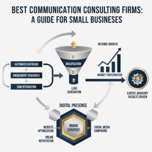 An infographic-style header image titled 'Best Communication Consulting Firms: A Guide for Small Businesses'. The visual features a blend of modern, geometric shapes in deep navy, charcoal, white, and metallic silver/gold accents, representing business growth, automated workflows, and digital marketing frameworks without human figures or photography. Elements include interconnected diagrams, ascending charts, and directional arrows indicating efficiency and results.