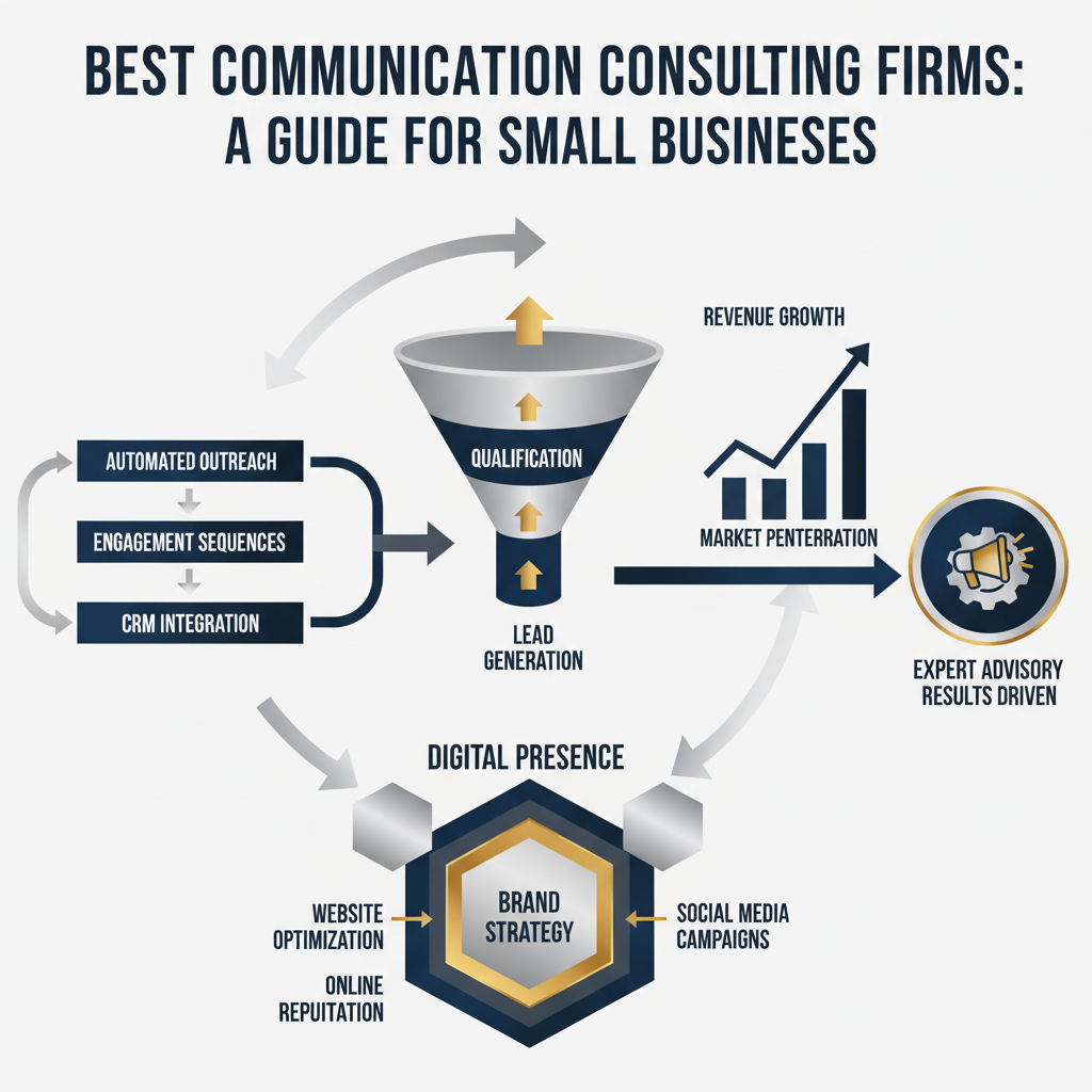 An infographic-style header image titled 'Best Communication Consulting Firms: A Guide for Small Businesses'. The visual features a blend of modern, geometric shapes in deep navy, charcoal, white, and metallic silver/gold accents, representing business growth, automated workflows, and digital marketing frameworks without human figures or photography. Elements include interconnected diagrams, ascending charts, and directional arrows indicating efficiency and results.