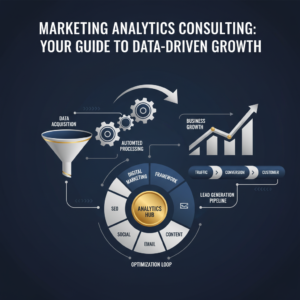 An infographic-style header image titled 'Marketing Analytics Consulting: Your Guide to Data-Driven Growth'. It features a conceptual, data-driven visual representing business growth, automation, and online entrepreneurship through interconnected vector graphics. The image displays abstract workflow diagrams, ascending growth charts, and lead generation pipelines, designed with clean geometric shapes, subtle gradients, and metallic accents. The color palette is deep navy, charcoal, white, and metallic silver or gold, conveying professionalism and premium quality.