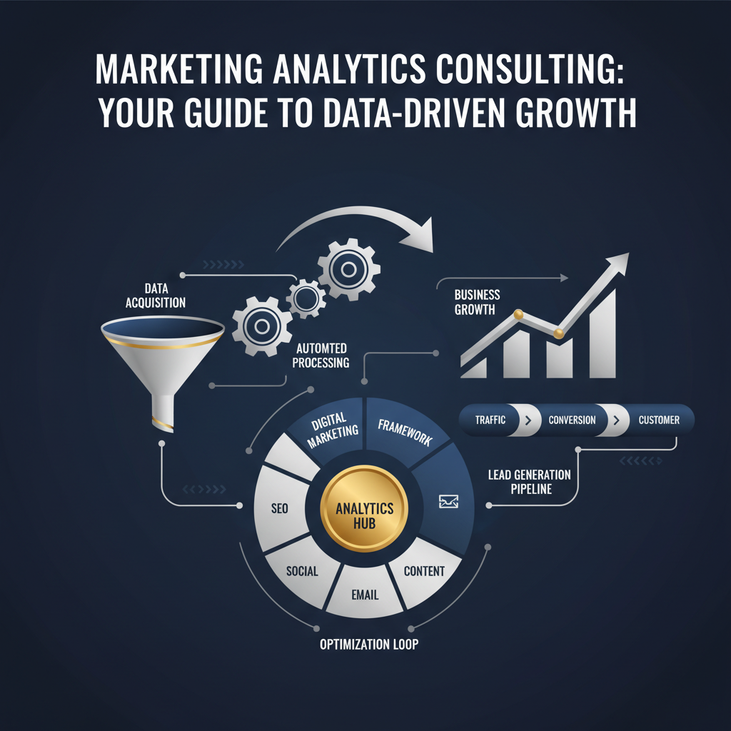 An infographic-style header image titled 'Marketing Analytics Consulting: Your Guide to Data-Driven Growth'. It features a conceptual, data-driven visual representing business growth, automation, and online entrepreneurship through interconnected vector graphics. The image displays abstract workflow diagrams, ascending growth charts, and lead generation pipelines, designed with clean geometric shapes, subtle gradients, and metallic accents. The color palette is deep navy, charcoal, white, and metallic silver or gold, conveying professionalism and premium quality.