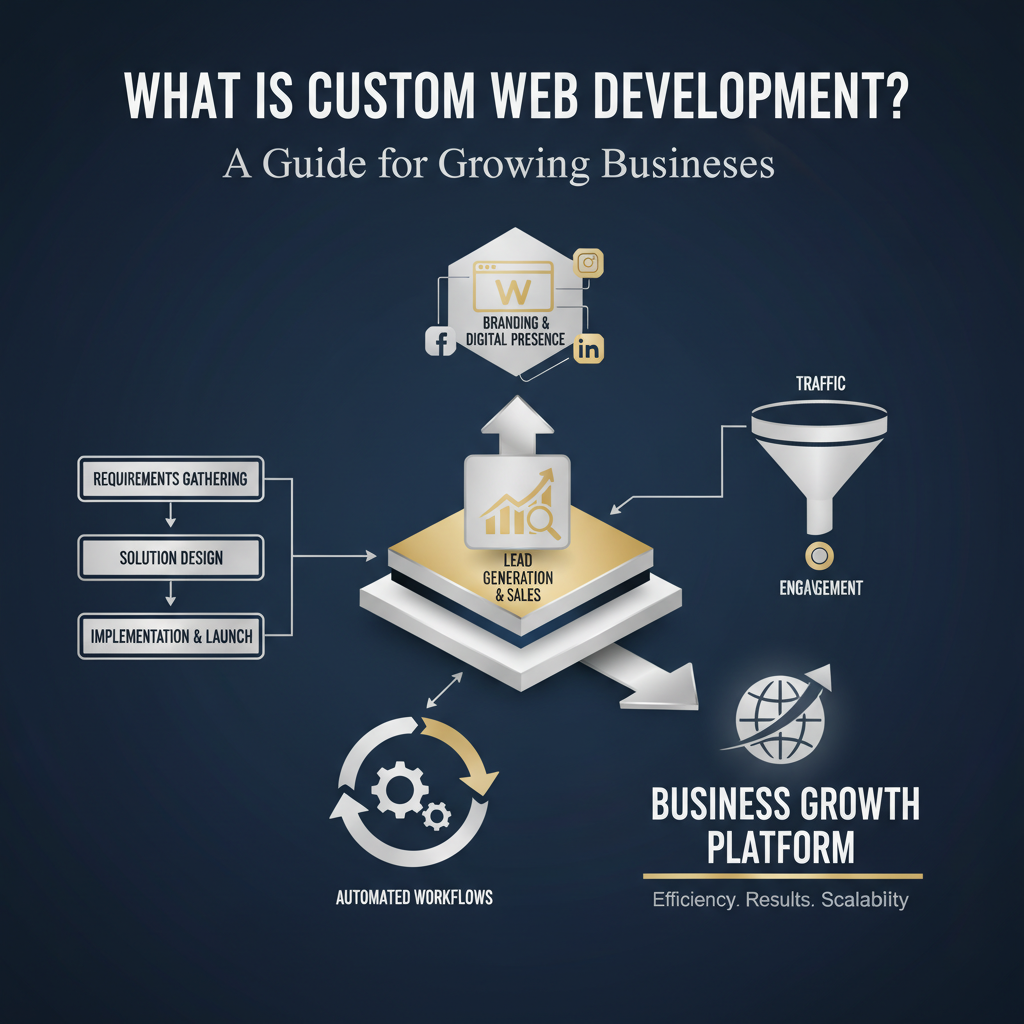 An infographic-style header image titled 'What is Custom Web Development? A Guide for Growing Businesses.' It features a modern, conceptual design with geometric shapes, subtle gradients, and metallic accents. The visual elements represent business growth, automation, and online entrepreneurship, including workflow diagrams, ascending charts, lead generation pipelines, and structured frameworks, all emphasizing efficiency and professional expertise. The color palette is deep navy, charcoal, white, with metallic silver or gold highlights. No people are present, maintaining a clean, data-driven, and premium aesthetic.