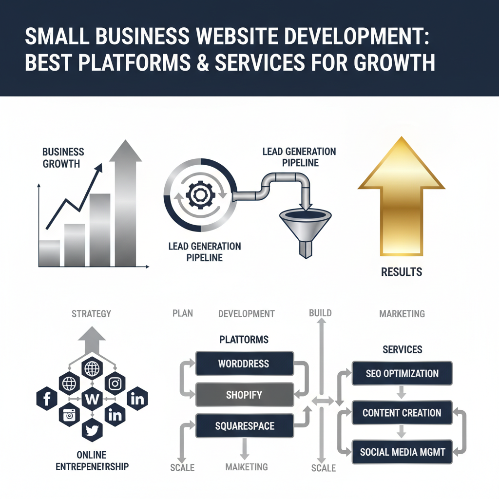 An infographic-style header image visually representing small business website development and growth. It features a modern, conceptual design with interconnected workflow diagrams, ascending growth charts, lead generation pipelines, and layered digital icons, all conveying automation and online entrepreneurship. The color palette is deep navy, charcoal, and white with metallic silver and gold accents, reflecting a professional and premium business quality. The image focuses on non-human elements, showcasing structured processes and efficiency.