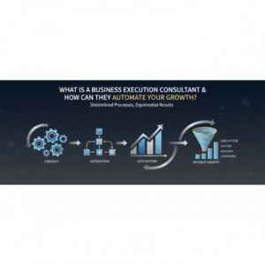 An infographic-style image depicting a streamlined business execution process. It features interconnected geometric shapes forming a workflow diagram with upward-trending growth charts and a sales funnel, symbolizing automation, efficiency, and scaled growth. The color palette is deep navy, charcoal, and white with metallic silver accents. No people are present, maintaining a professional and data-focused aesthetic for an article about business execution and automation.