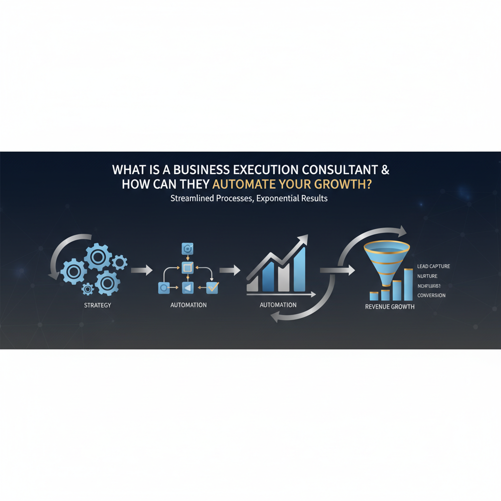 An infographic-style image depicting a streamlined business execution process. It features interconnected geometric shapes forming a workflow diagram with upward-trending growth charts and a sales funnel, symbolizing automation, efficiency, and scaled growth. The color palette is deep navy, charcoal, and white with metallic silver accents. No people are present, maintaining a professional and data-focused aesthetic for an article about business execution and automation.