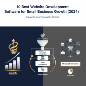 An infographic-style image depicting business growth through website development software. It features abstract interconnected icons representing various software solutions, ascending growth charts, and workflow diagrams with directional arrows, symbolizing automation and efficiency. The color palette is deep navy, charcoal, and white with metallic silver accents, conveying professionalism and premium quality.