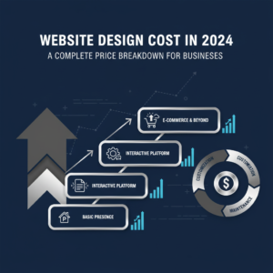An infographic-style image detailing website design costs for businesses. It features a professional composition of interconnected, geometric shapes and ascending charts in deep navy, charcoal, and white with metallic accents, symbolizing structured website development stages and associated business growth.
