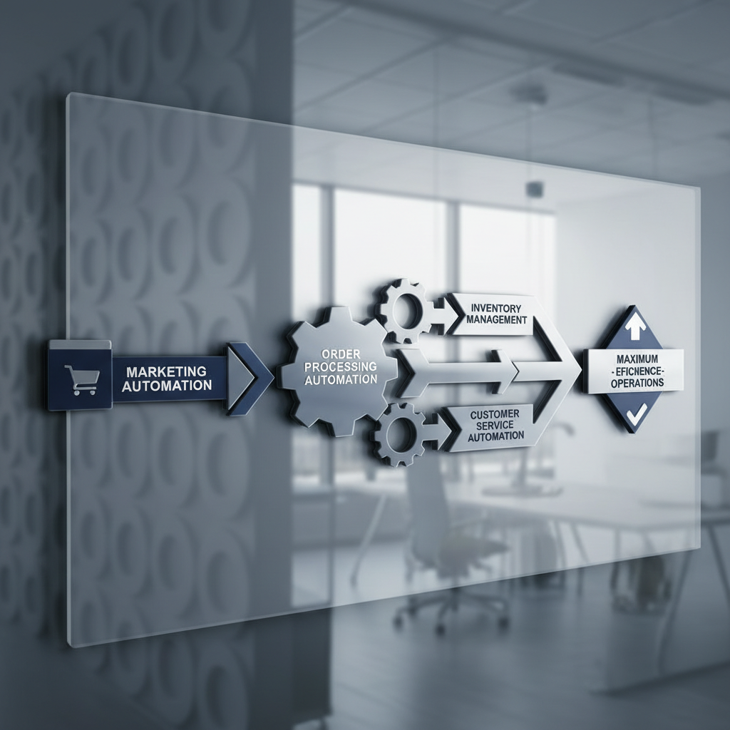 An infographic visualizing an automated workflow diagram for ecommerce operations, showcasing interconnected processes for maximum efficiency.