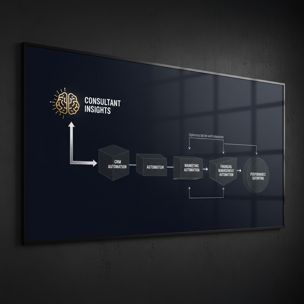 An isometric infographic showing 'Consultant Insights' flowing into a streamlined digital workflow connecting CRM, marketing, financial, and reporting automation tools, emphasizing enhanced data flow.