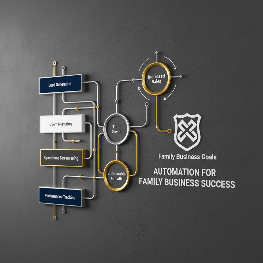 Infographic demonstrating how automation tools integrate across lead generation, client nurturing, and operations to achieve increased sales, time saved, and sustainable growth for family businesses.