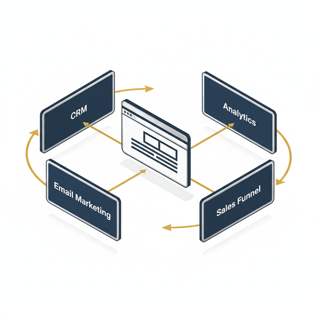 Infographic depicting a central website icon connected to various business automation modules like CRM, email marketing, and analytics, showing data flow.