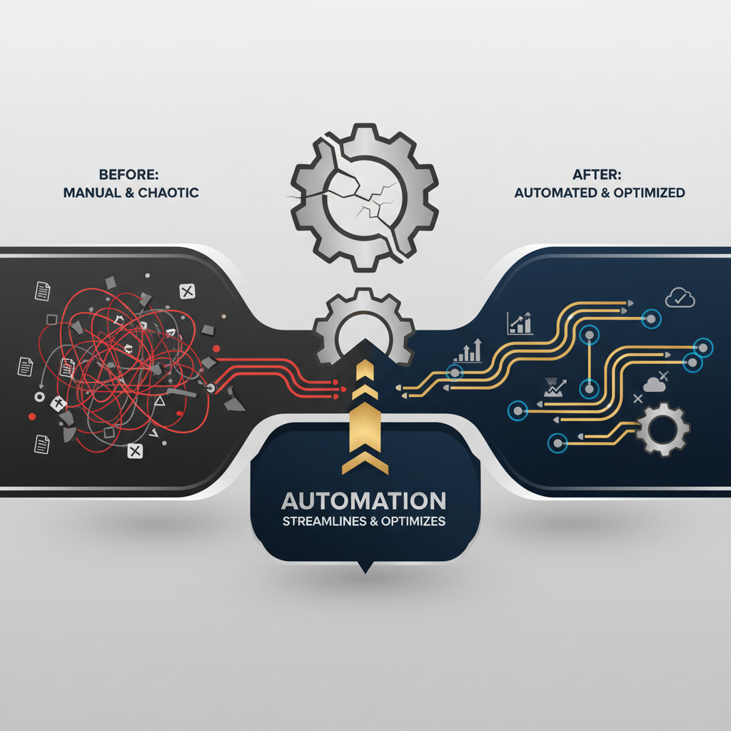 Infographic depicting a chaotic business process being transformed into a streamlined, automated workflow, using geometric shapes and silver accents.