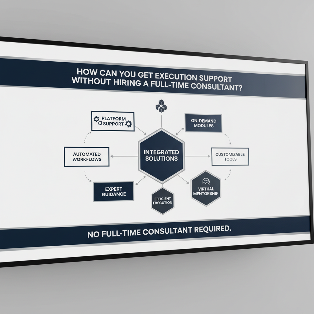 Infographic depicting a structured system with interconnected modules, illustrating various pathways and automated solutions for obtaining business execution support without hiring a full-time consultant.