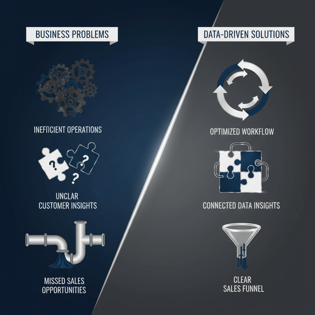 Infographic depicting common business problems like chaotic processes and fragmented data transforming into streamlined, optimized solutions through data analytics consulting.