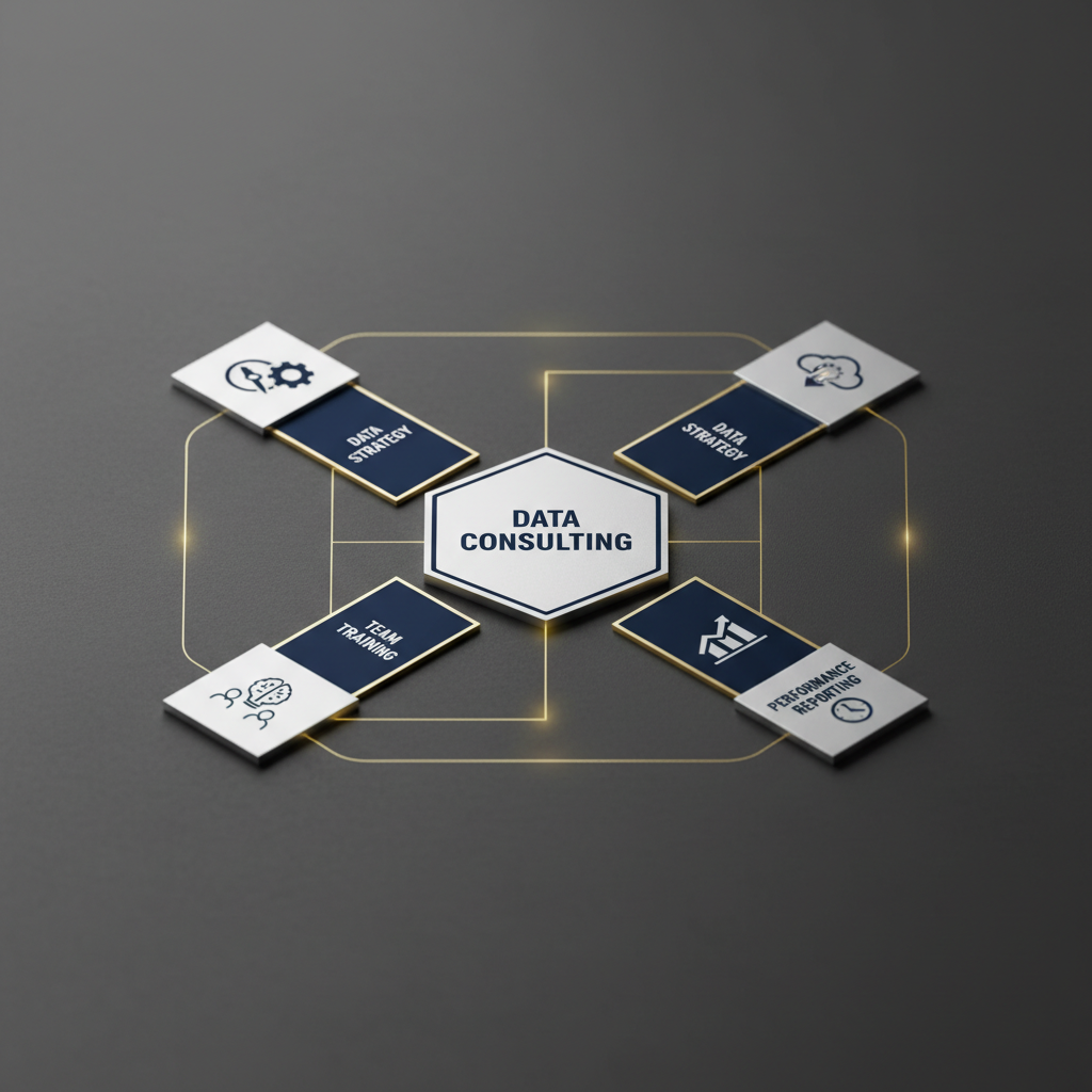Infographic displaying a structured, interconnected diagram of core data consulting services, including strategy, implementation, reporting, and training, using geometric shapes and a professional color palette.