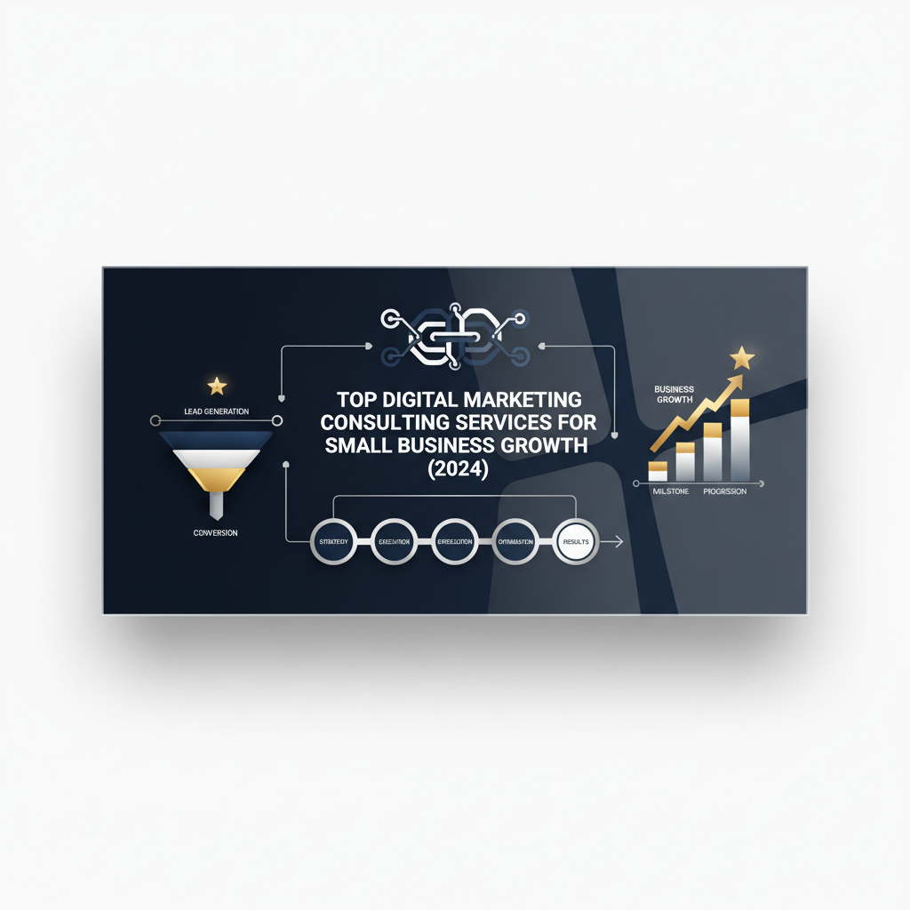 Infographic header image featuring abstract, interconnected geometric shapes, upward-trending charts, and directional arrows in deep navy, charcoal, white, and metallic silver/gold accents. The visual symbolizes digital marketing strategies, automated workflows, lead generation, and business growth for small businesses, conveying a professional and premium feel.