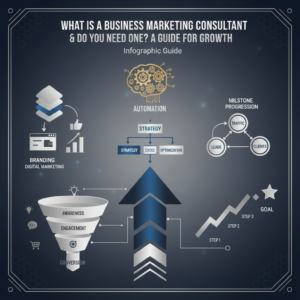 Infographic header image for an article about business marketing consultants, featuring conceptual data-driven visuals of business growth, automation, and online entrepreneurship, with workflow diagrams, growth charts, and branding frameworks in a modern, vector-based style using deep navy, charcoal, white, and metallic silver/gold accents. No human figures.