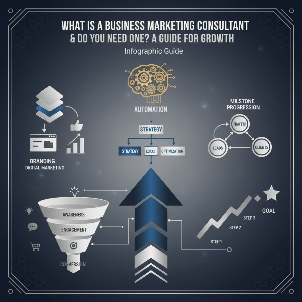 Infographic header image for an article about business marketing consultants, featuring conceptual data-driven visuals of business growth, automation, and online entrepreneurship, with workflow diagrams, growth charts, and branding frameworks in a modern, vector-based style using deep navy, charcoal, white, and metallic silver/gold accents. No human figures.