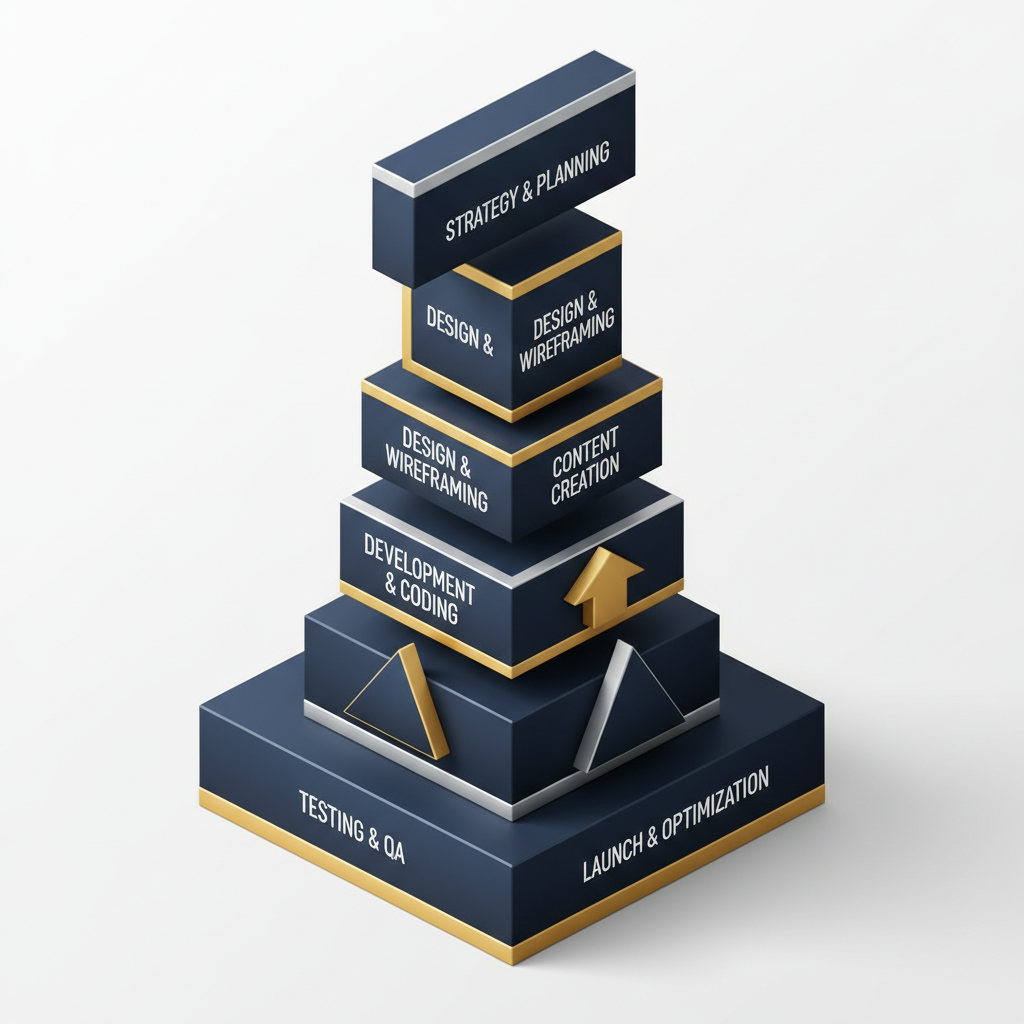Infographic illustrating a multi-step, layered framework with geometric shapes and arrows, outlining the process for creating a professional mobile website.