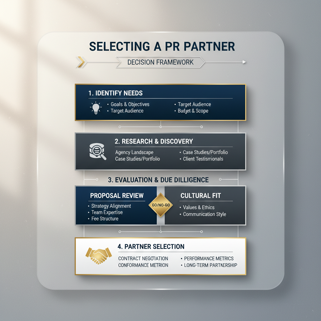 Infographic illustrating a step-by-step process or framework for choosing a PR partner, using clean geometric shapes and a sophisticated color palette to denote stages and criteria.