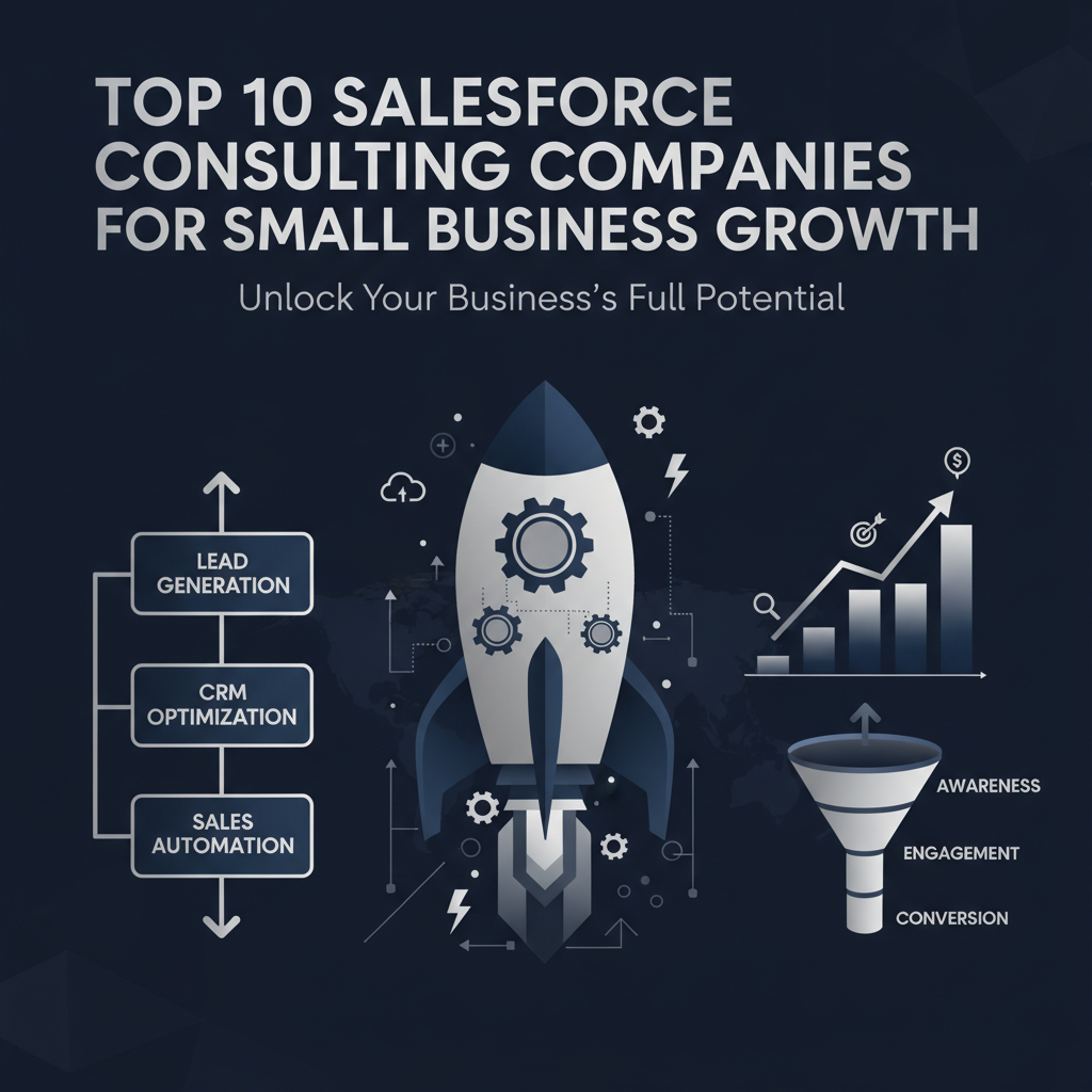 Infographic image for an article about Salesforce Consulting Companies for Small Business Growth. The image features conceptual, data-driven visuals representing business growth, automation, and online entrepreneurship with workflow diagrams, growth charts, and digital marketing frameworks. It uses a modern, vector-based, minimalist, and premium style with deep navy, charcoal, white, and metallic silver/gold highlights, emphasizing efficiency and results without any human elements.