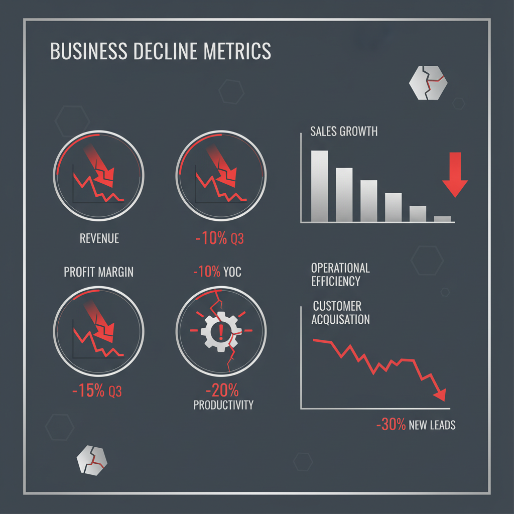 Infographic showing a business dashboard with declining metrics and warning signs, using red, navy, and charcoal colors.