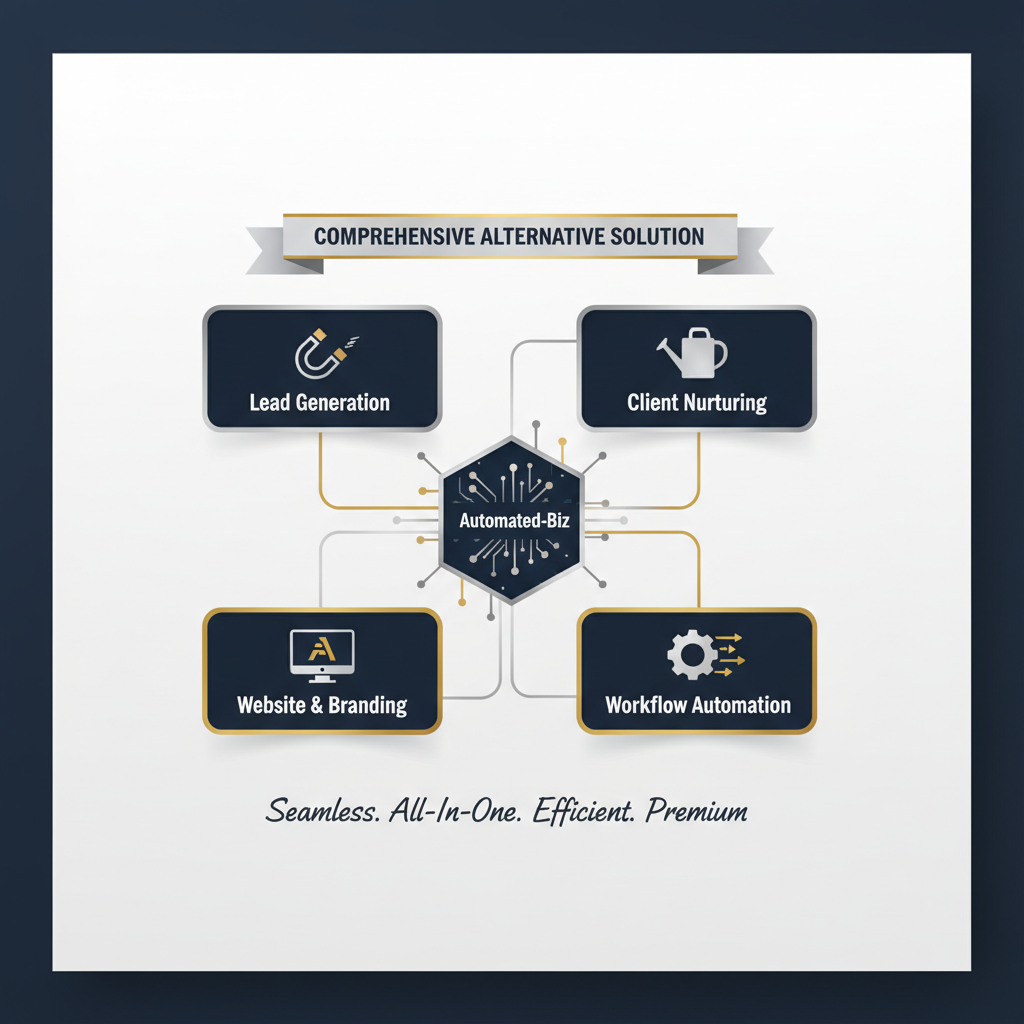 Infographic showing a central 'Automated-Biz' platform icon with integrated modules for lead generation, client nurturing, website and branding, and workflow automation, representing an alternative to consulting firms.