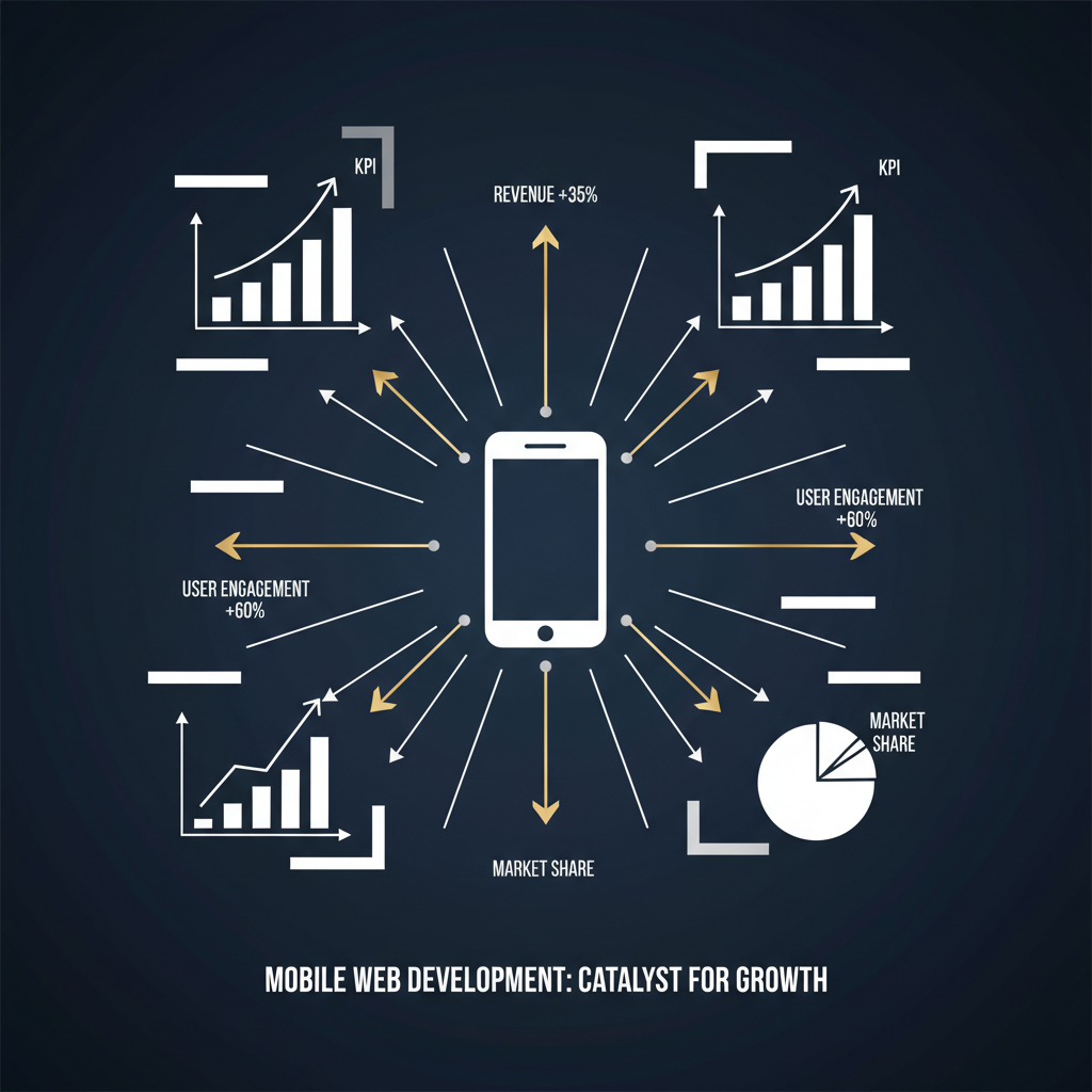 Infographic showing a central mobile device radiating lines to upward trending growth charts and KPIs, symbolizing the crucial impact of mobile web development on business growth.