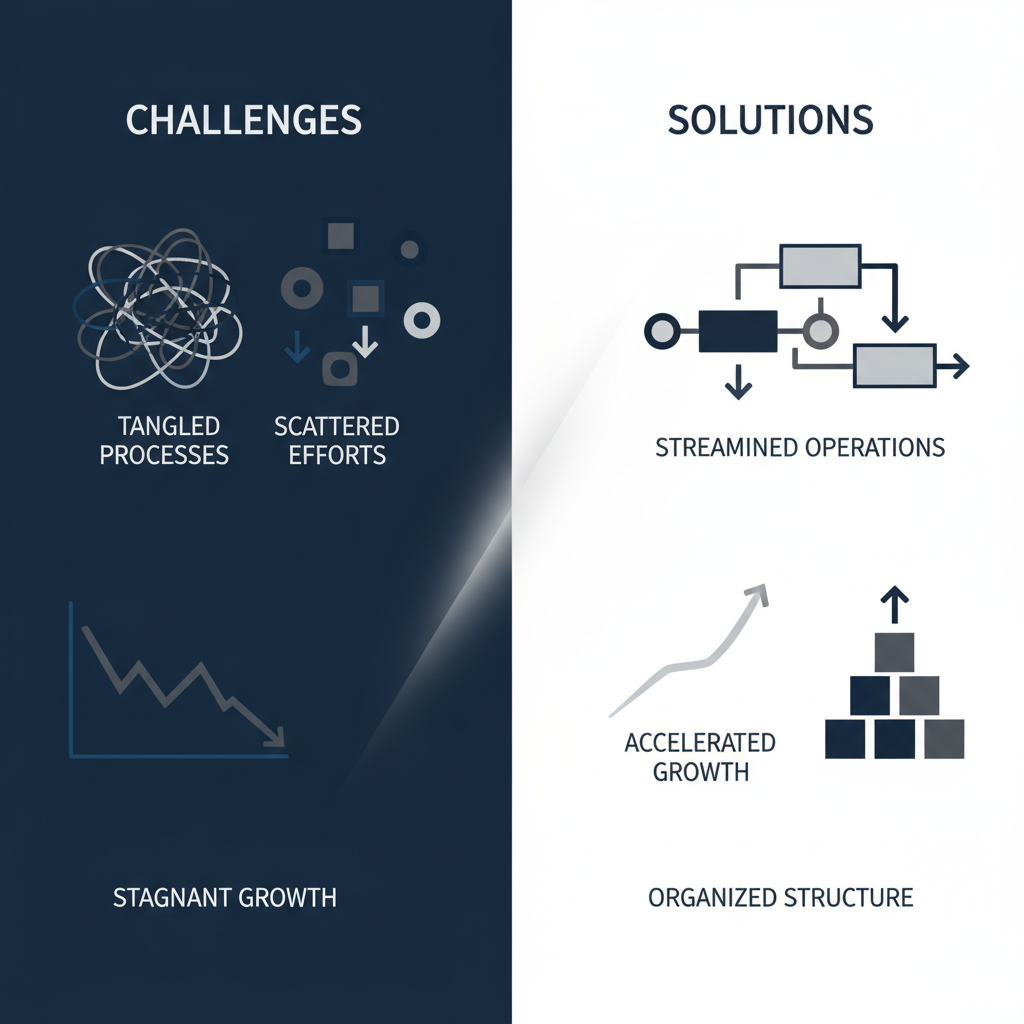 Infographic showing a clear visual transition from common business problems, represented by disorganized shapes, to structured and optimized solutions, represented by clean, interconnected diagrams and ascending charts.