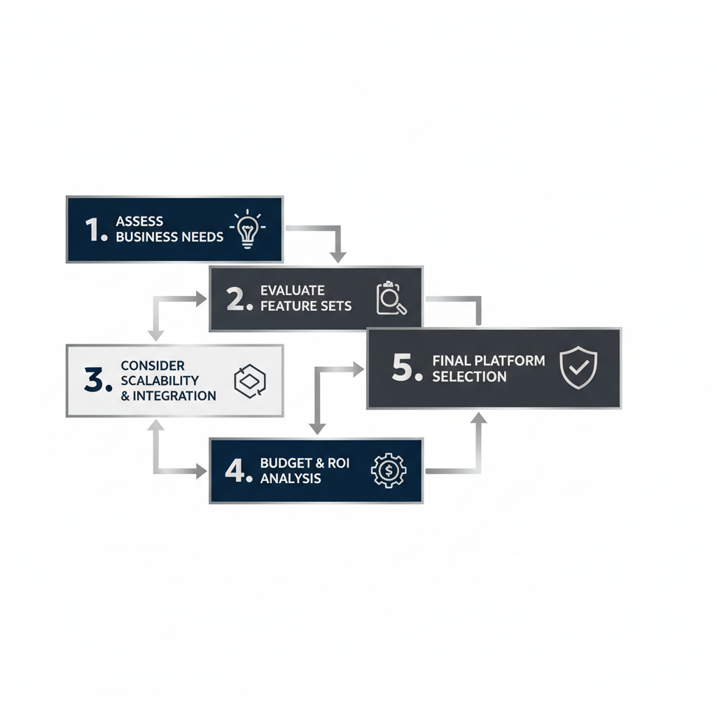Infographic showing a five-step decision-making process for choosing web development software, represented by interconnected geometric blocks with abstract icons and labels.