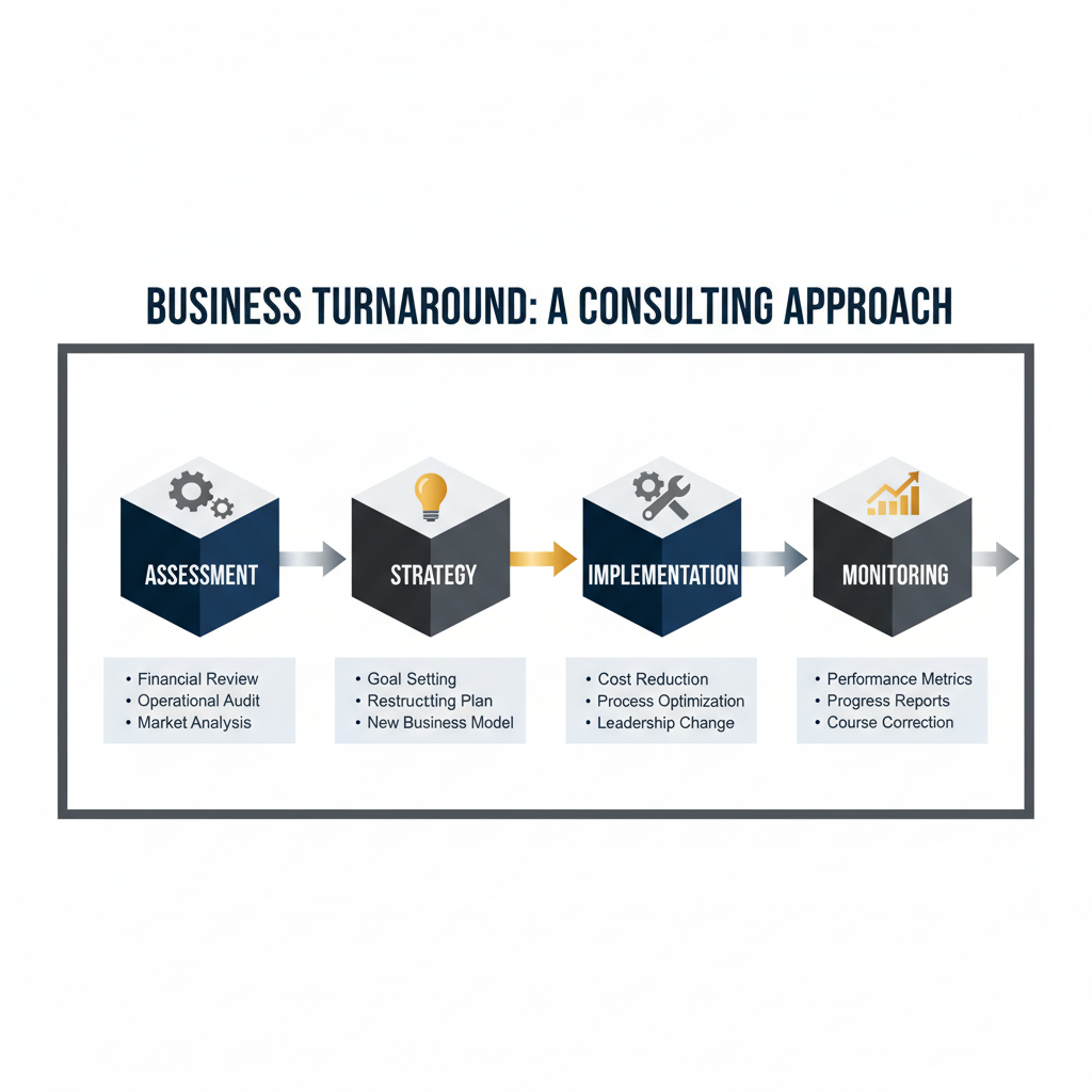 Infographic showing a step-by-step process flow for business turnaround management consulting, with geometric shapes and arrows.