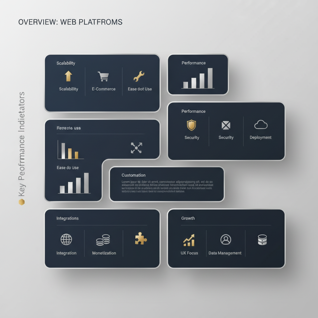 Infographic showing a structured grid of abstract 'solution pods' with geometric icons and bar charts, representing key features and performance indicators of top web development platforms.
