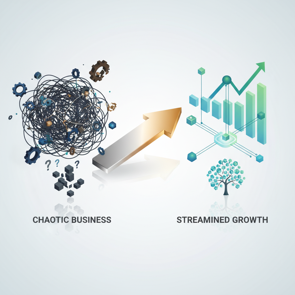 Infographic showing the transformation from complex IT challenges to streamlined business growth through IT consulting, depicted with abstract chaotic and organized geometric shapes.