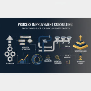 Infographic-style header image depicting abstract concepts of business process improvement, automation, and growth. Features include interconnected workflow diagrams, ascending growth charts, and a sales funnel represented by clean geometric shapes and lines. The color palette is deep navy, charcoal, and white with metallic silver or gold accents, conveying professionalism and premium quality. No human figures.