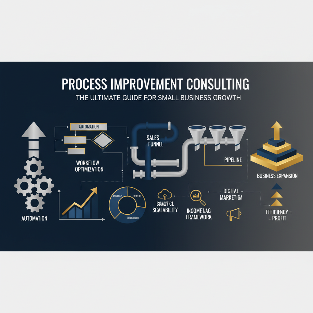 Infographic-style header image depicting abstract concepts of business process improvement, automation, and growth. Features include interconnected workflow diagrams, ascending growth charts, and a sales funnel represented by clean geometric shapes and lines. The color palette is deep navy, charcoal, and white with metallic silver or gold accents, conveying professionalism and premium quality. No human figures.
