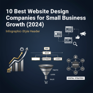 Infographic-style header image for '10 Best Website Design Companies for Small Business Growth (2024)'. It features a professional, data-driven visual representing business growth and digital automation through interconnected geometric shapes, abstract website icons, ascending charts, and flow diagrams, all in a deep navy, charcoal, white, and metallic silver color scheme.